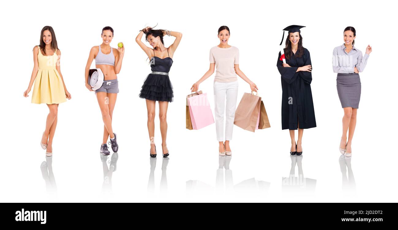 Strutting nel suo meglio estate. Ritratto studio a tutta lunghezza di una bella giovane donna in posa in diversi abiti. Foto Stock