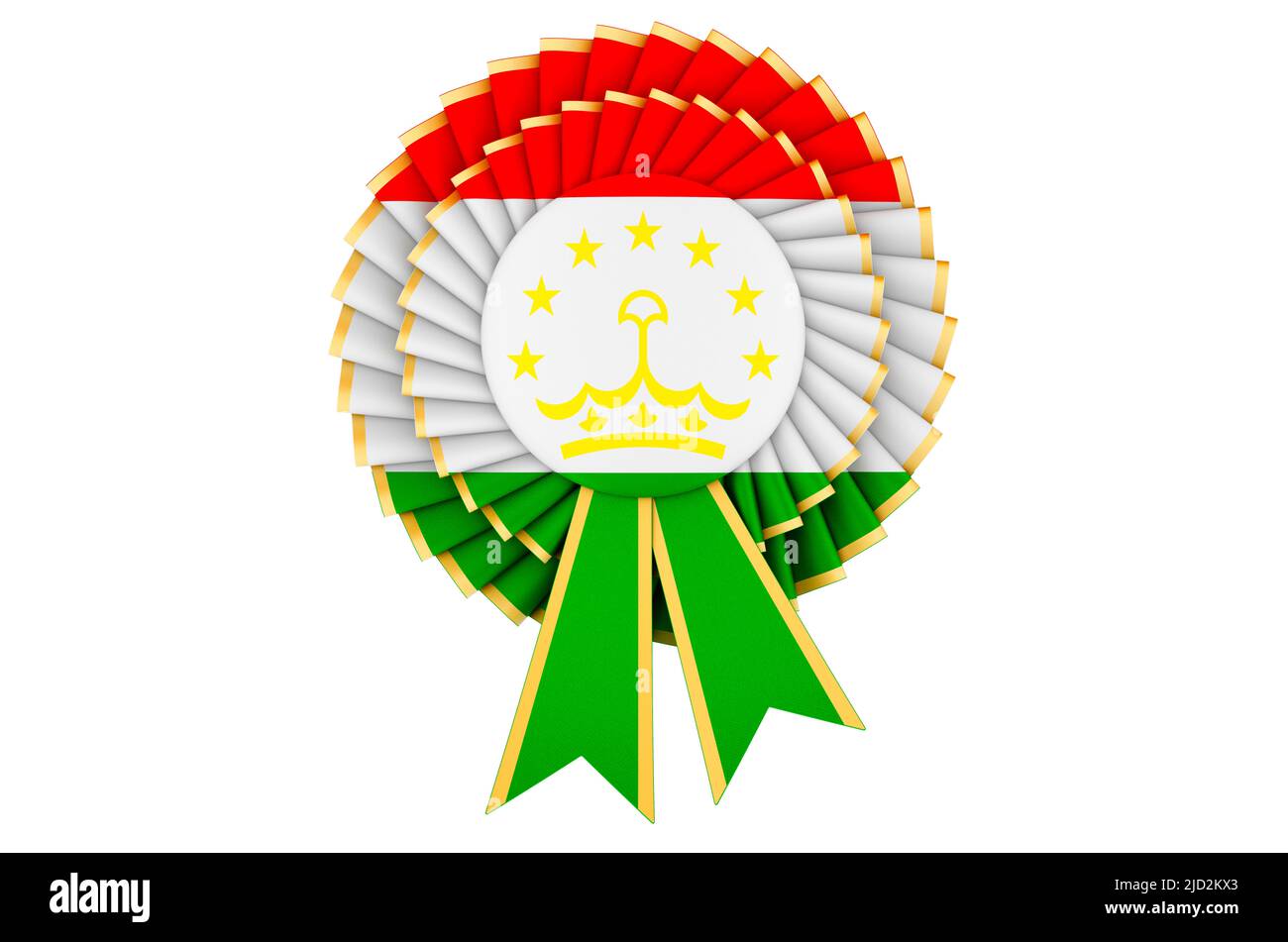 Bandiera Tajik dipinta sulla rosetta a nastro premio. 3D rendering isolato su sfondo bianco Foto Stock