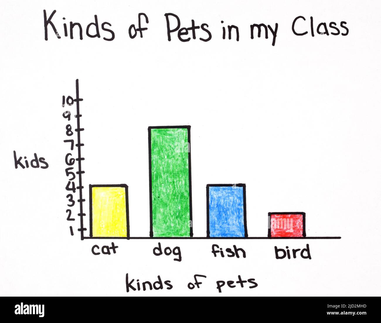 Un grafico a barre che mostra i set di dati di quattro diversi tipi di animali domestici che gli studenti hanno a casa: Gatti, cani, pesci, uccelli. Foto Stock