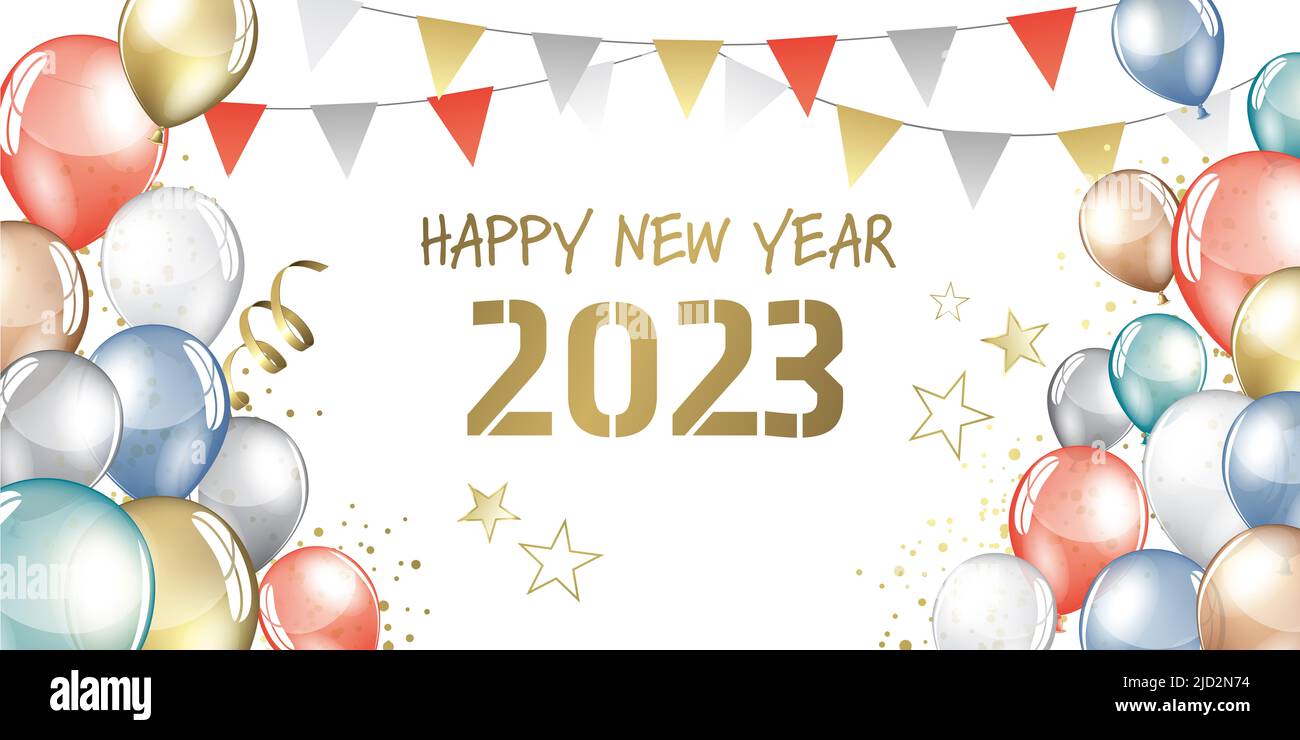 Felice anno nuovo 2023 palloncini e pennants biglietto di auguri Foto Stock
