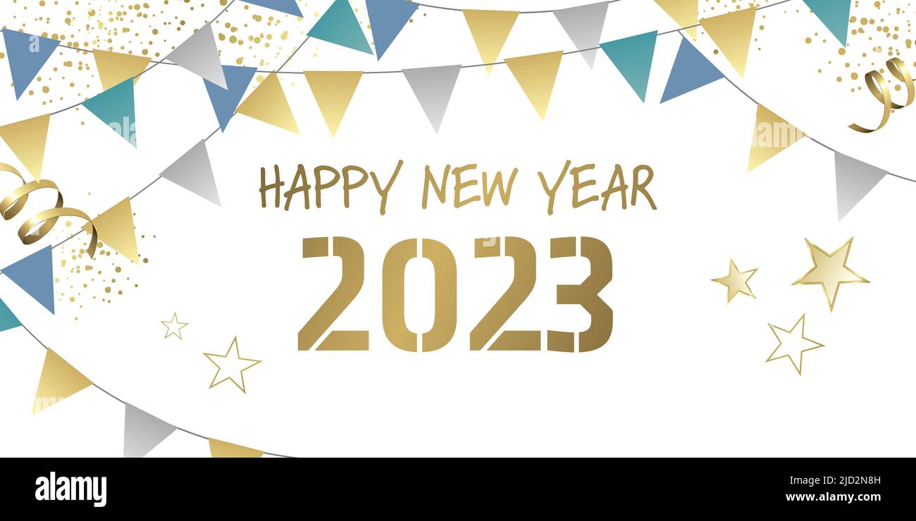 Felice anno nuovo 2023 palloncini e pennants biglietto di auguri Foto Stock