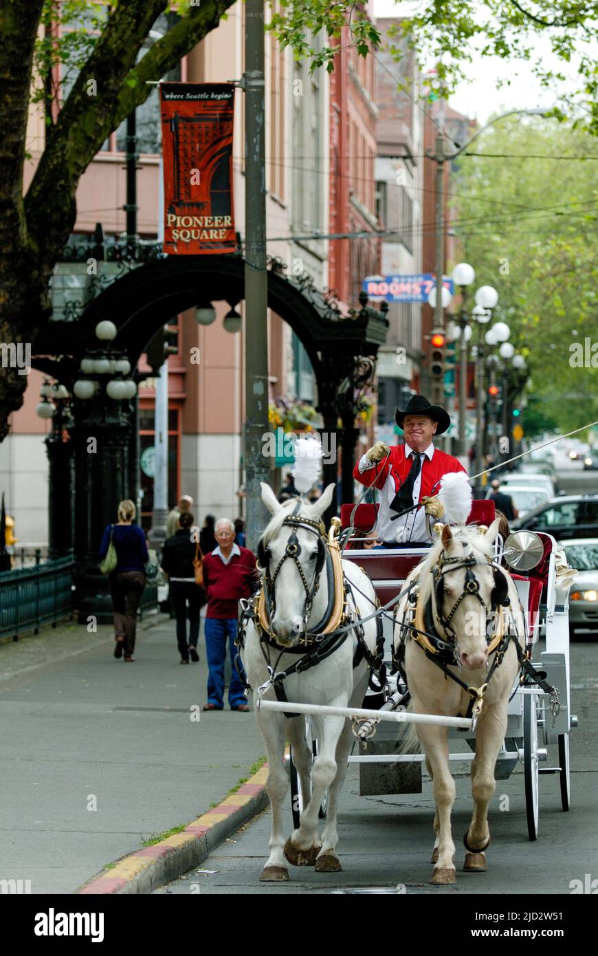 Cavalli e cart con i turisti alla Pioneer Square di Seattle. Foto Stock