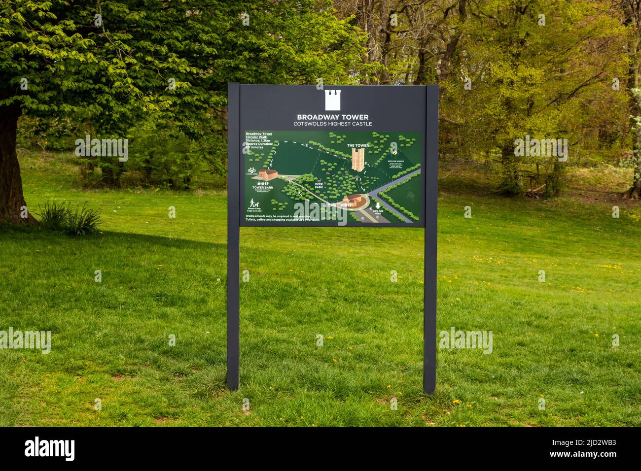 Avviso informativo del Broadway Tower Country Park, Fish Hill, Broadway, Cotswolds, Worcestershire, Inghilterra, Regno Unito. Foto Stock