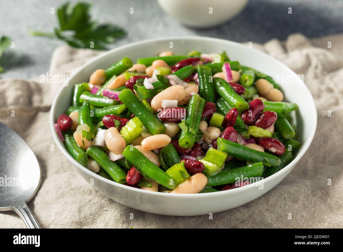 Insalata di fagioli biologici fatti in casa con rene verde e cannellini Foto Stock