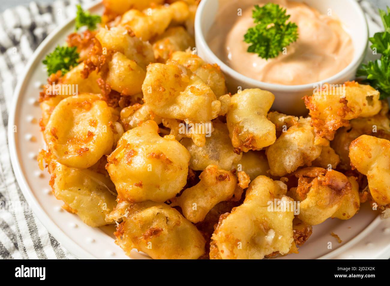 Cagliata di formaggio Wisconsin fritto in casa con salsa da immersione Foto Stock