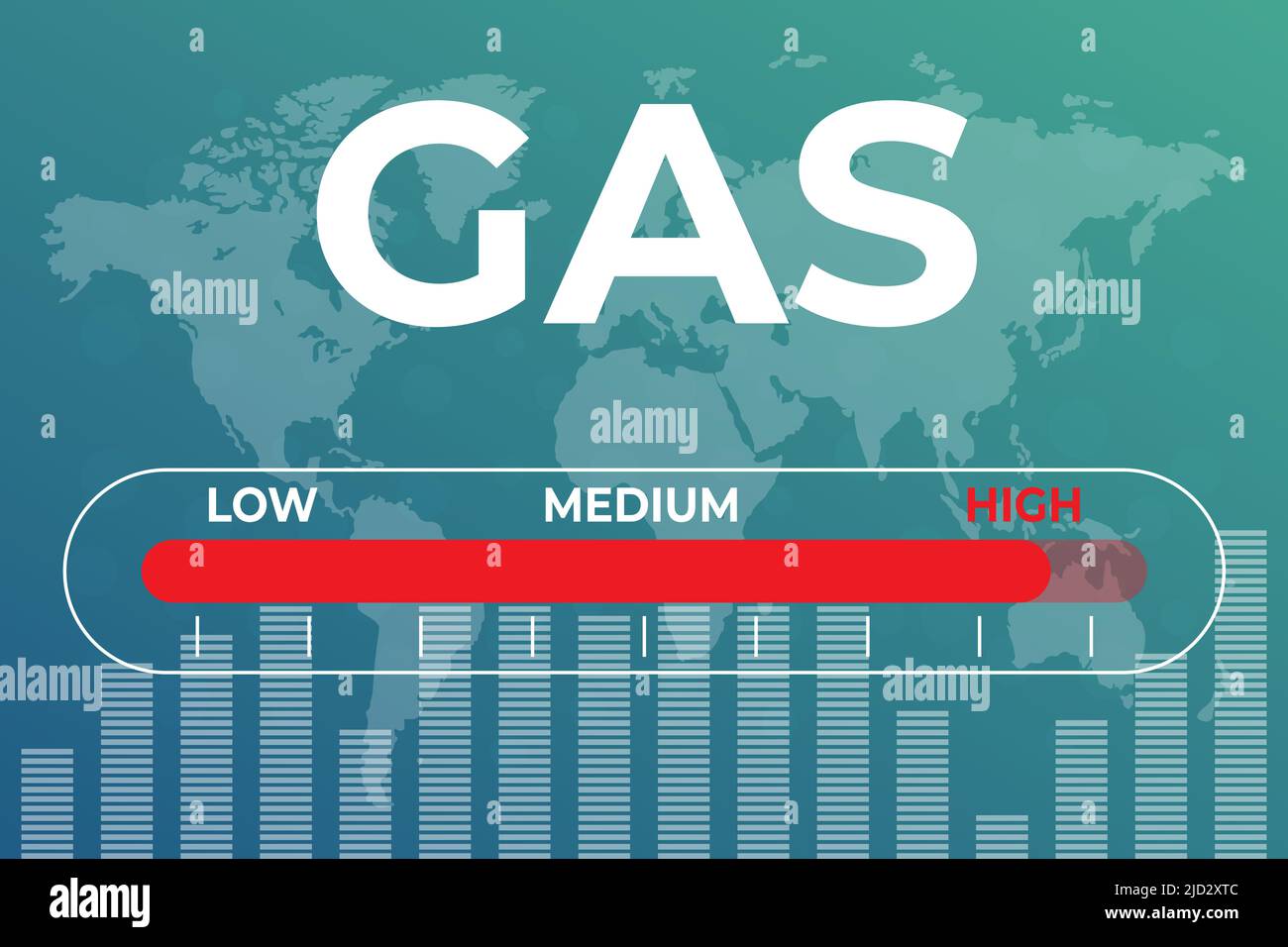 Grafico del mercato azionario del prezzo del gas su sfondo finanziario blu con indicatore, grafico, colonne, mappa del mondo. Tendenza al rialzo Illustrazione Vettoriale