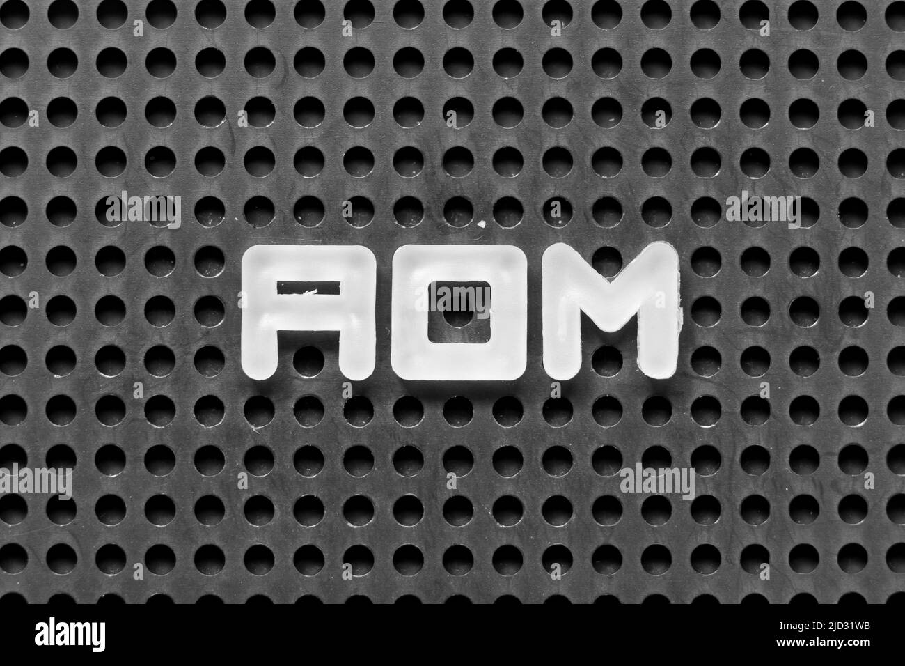 Lettera alfabetica bianca in parola AOM (abbreviazione di Advanced Order Management, add on module o Assistant Operation Manager) sul backgrou nero di pegboard Foto Stock