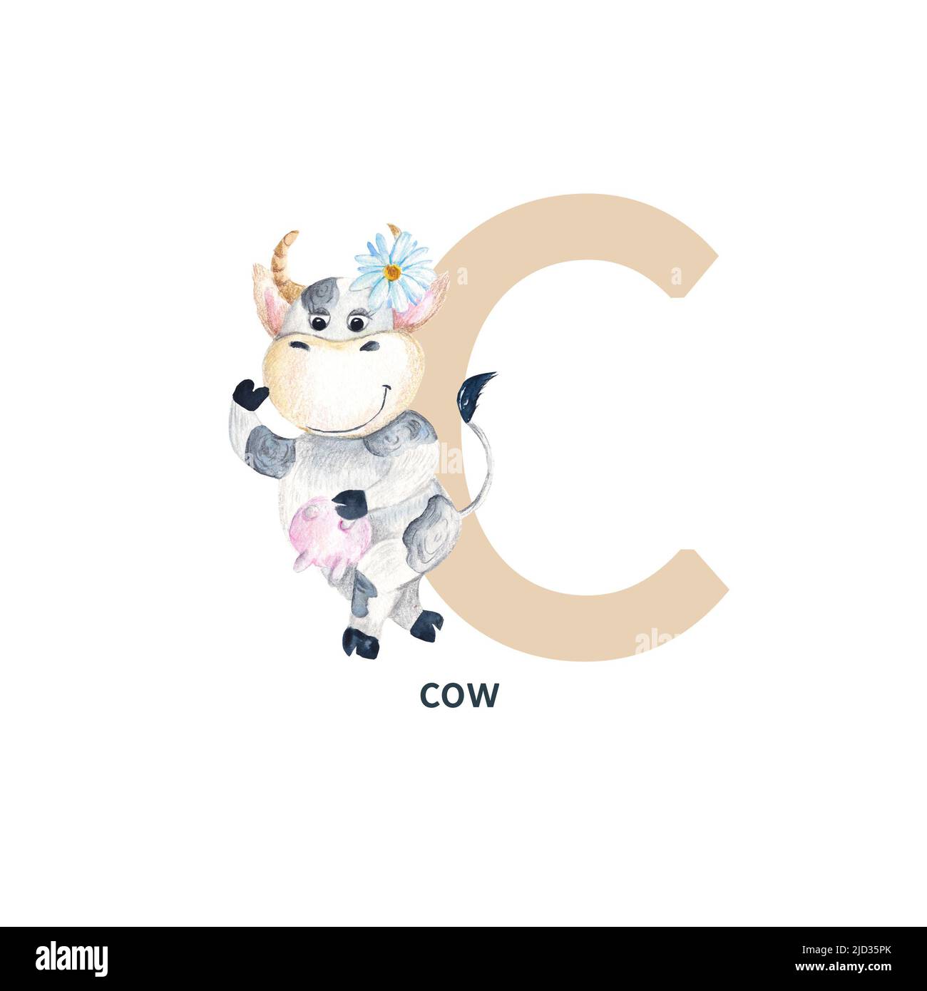 Lettera C, mucca, carino bambini colorati animali ABC alfabeto. Illustrazione dell'acquerello isolata su sfondo bianco. Foto Stock