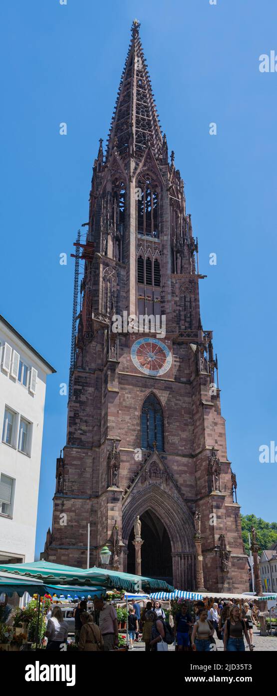 Giornata di mercato sulla piazza della cattedrale di Friburgo in Breisgau. Baden-Wuerttemberg, Germania, Europa Foto Stock