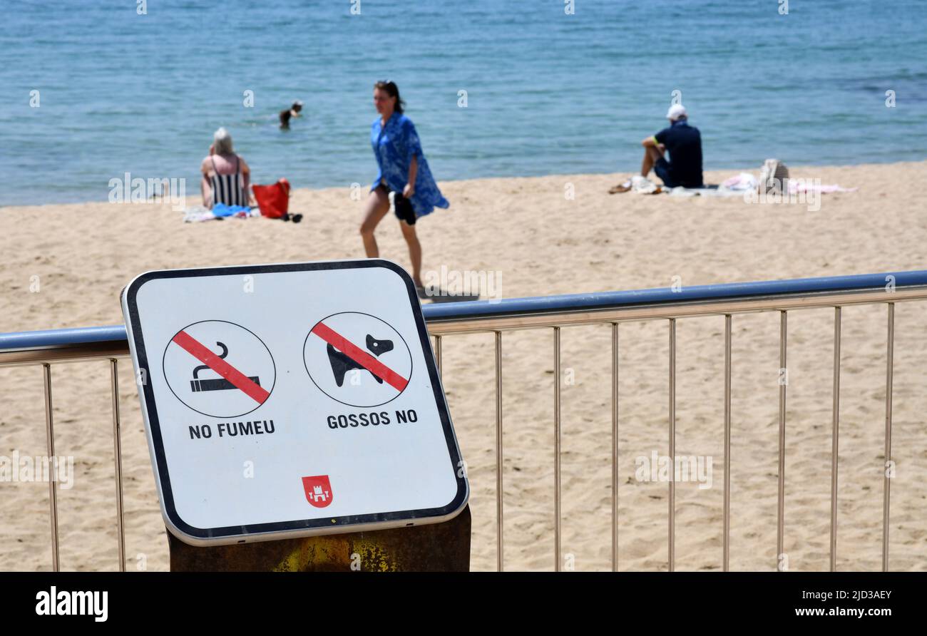 Le limitazioni delle regole della spiaggia firmano per 'No Smoking' e 'No Dogs' in Llafranc, Catalogna, Spagna Foto Stock