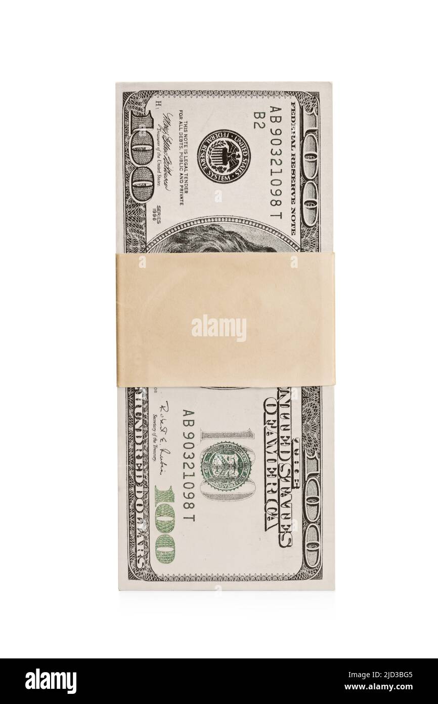 Vista frontale scatto di una pila di dollari US fatture isolato su sfondo bianco Foto Stock