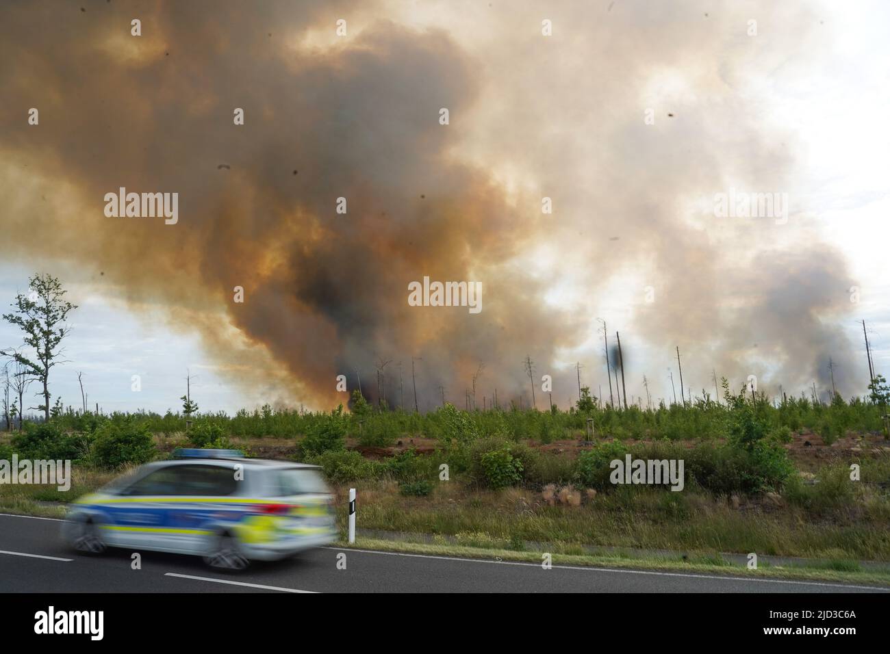 Treuenbrietzen, Germania. 17th giugno 2022. Un'auto della polizia passa davanti a una grande nube di fumo. L'incendio si era esteso a più di 20 ettari e lo spiegamento dei vigili del fuoco potrebbe essere difficile perché si trattava anche di un'area nella sospetta zona di ordigni esplosivi. Credit: Joerg Carstensen/dpa/Alamy Live News Foto Stock