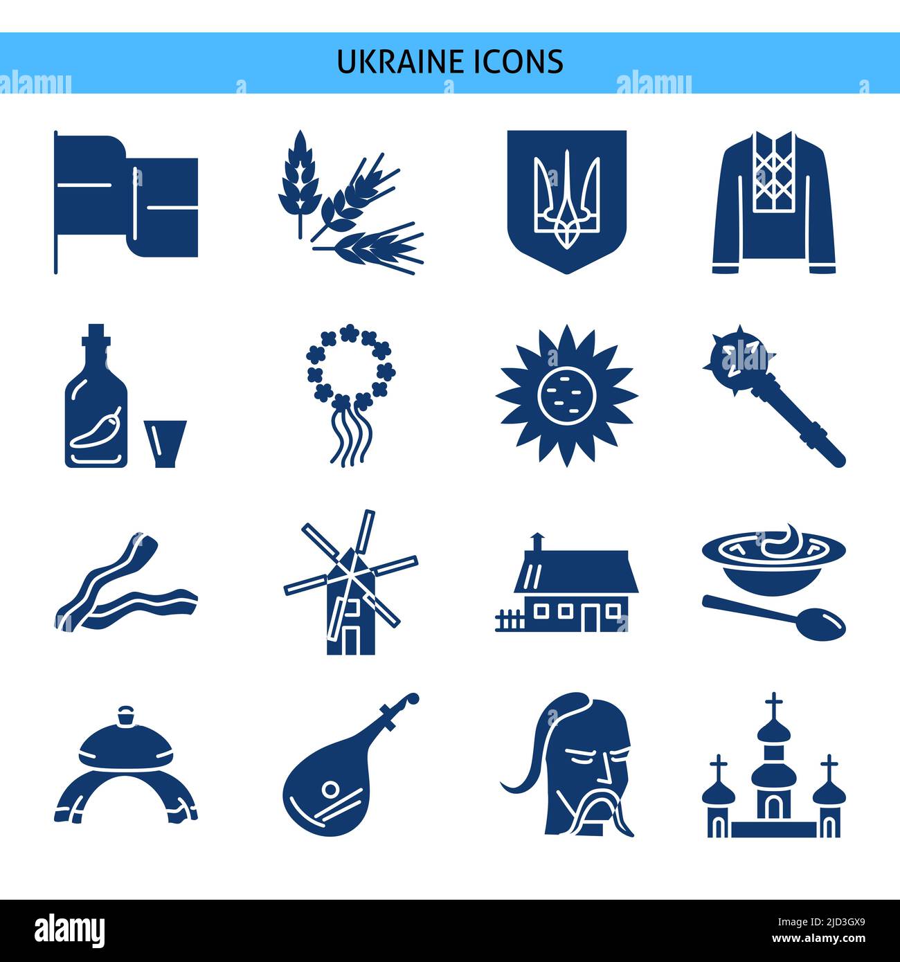 Ukraine icone collezione in stile piatto. Simboli nazionali ucraini. Illustrazione vettoriale. Illustrazione Vettoriale