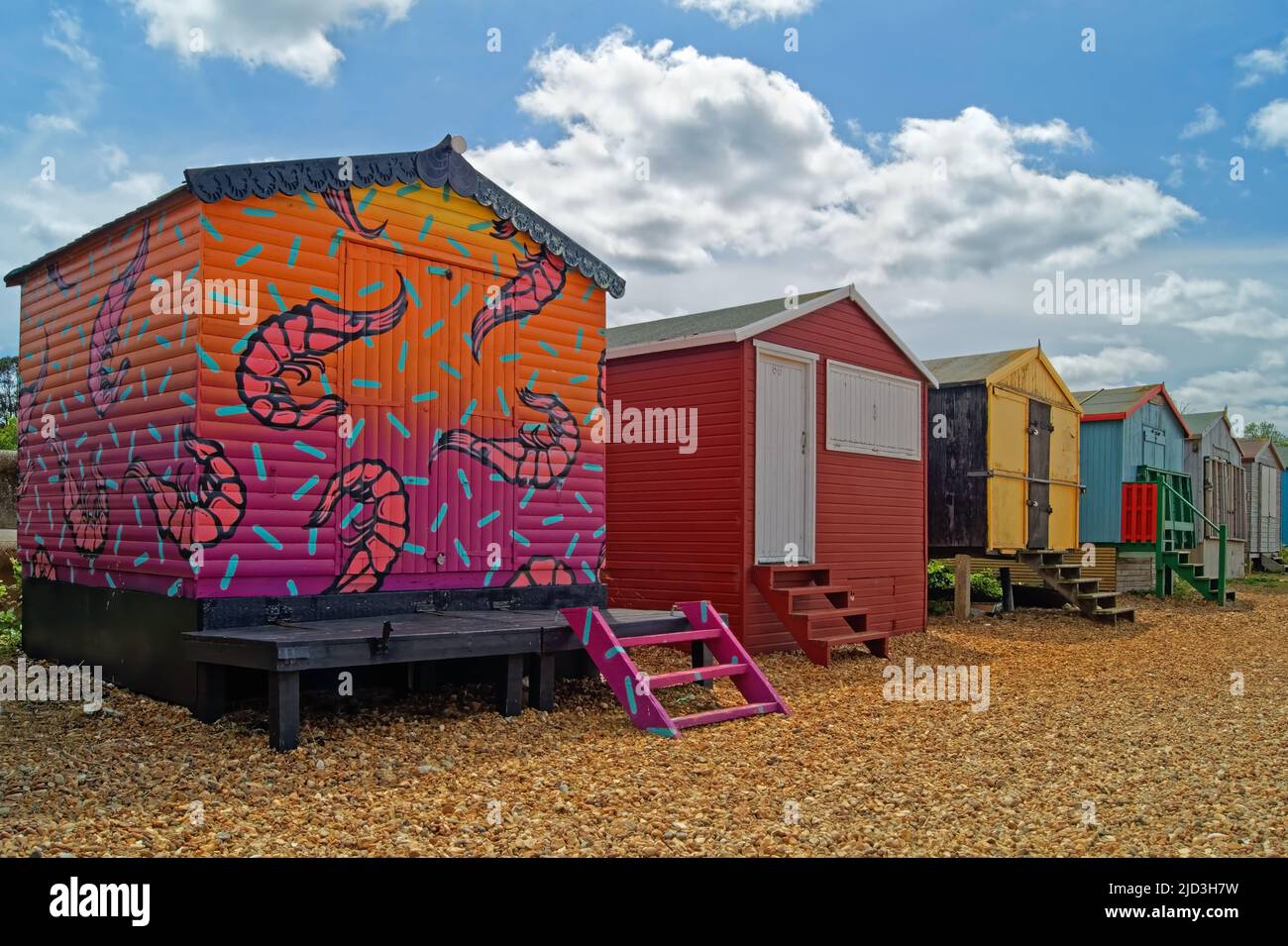 Regno Unito, Kent, Beach Huts tra Whitstable e Seasalter Foto Stock