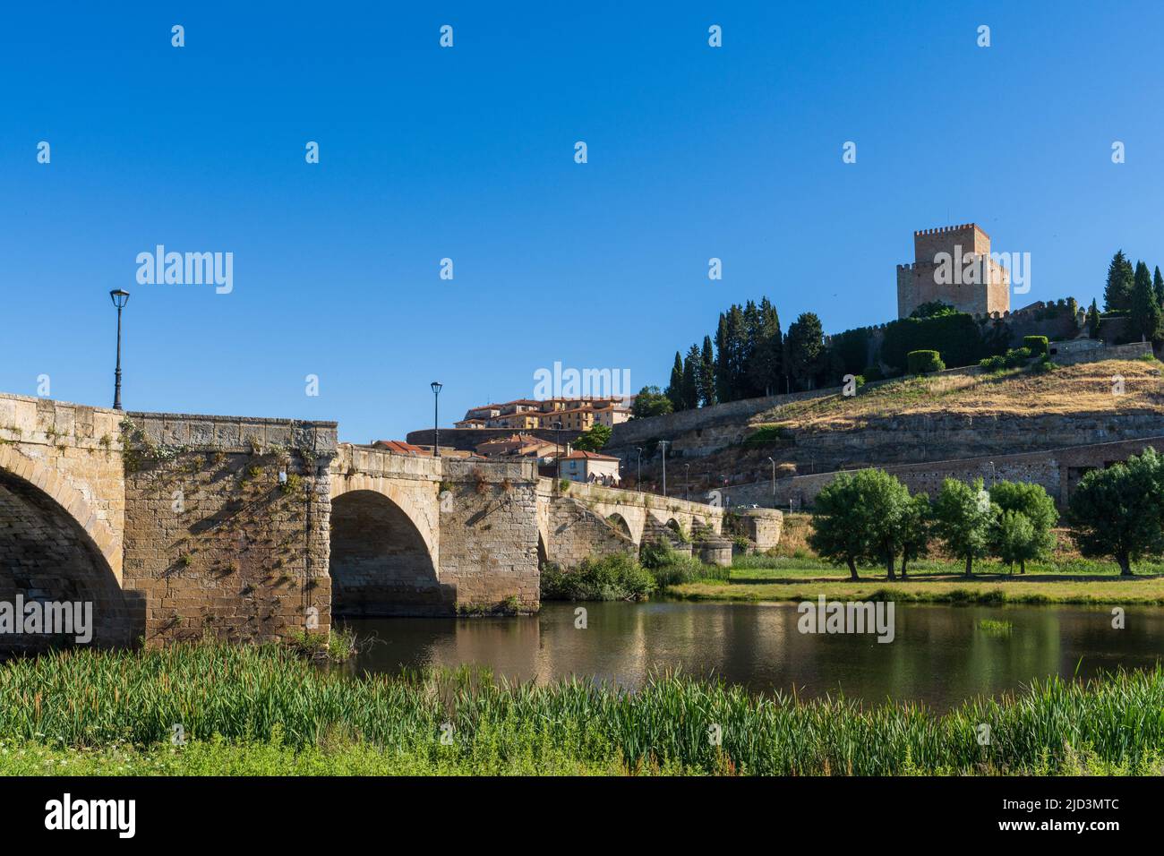 Vista di Ciudad Rodrigo con il suo fiume, ponte e castello. A Salamanca, Spagna Foto Stock