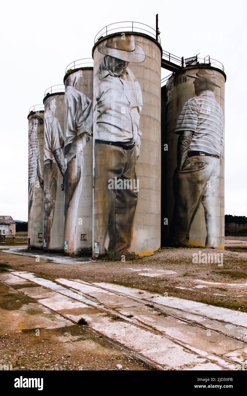 Fotografia dei grandi silos di stoccaggio del cemento presso la storica Portland Cement Works, attualmente chiusa, a Portland, nelle Tablelands centrali del nuovo Galles del Sud Foto Stock