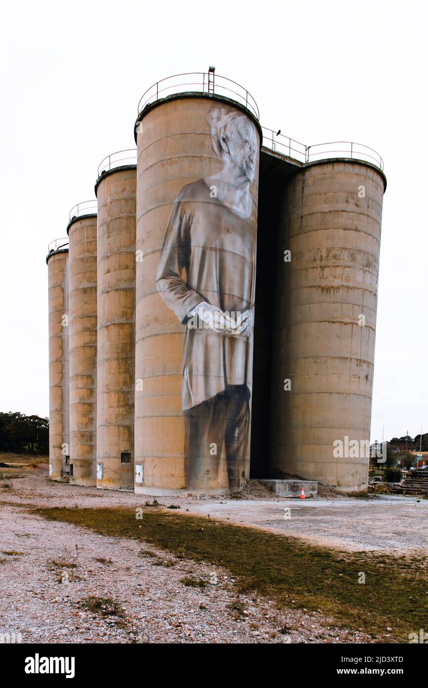 Fotografia dei grandi silos di stoccaggio del cemento presso la storica Portland Cement Works, attualmente chiusa, a Portland, nelle Tablelands centrali del nuovo Galles del Sud Foto Stock