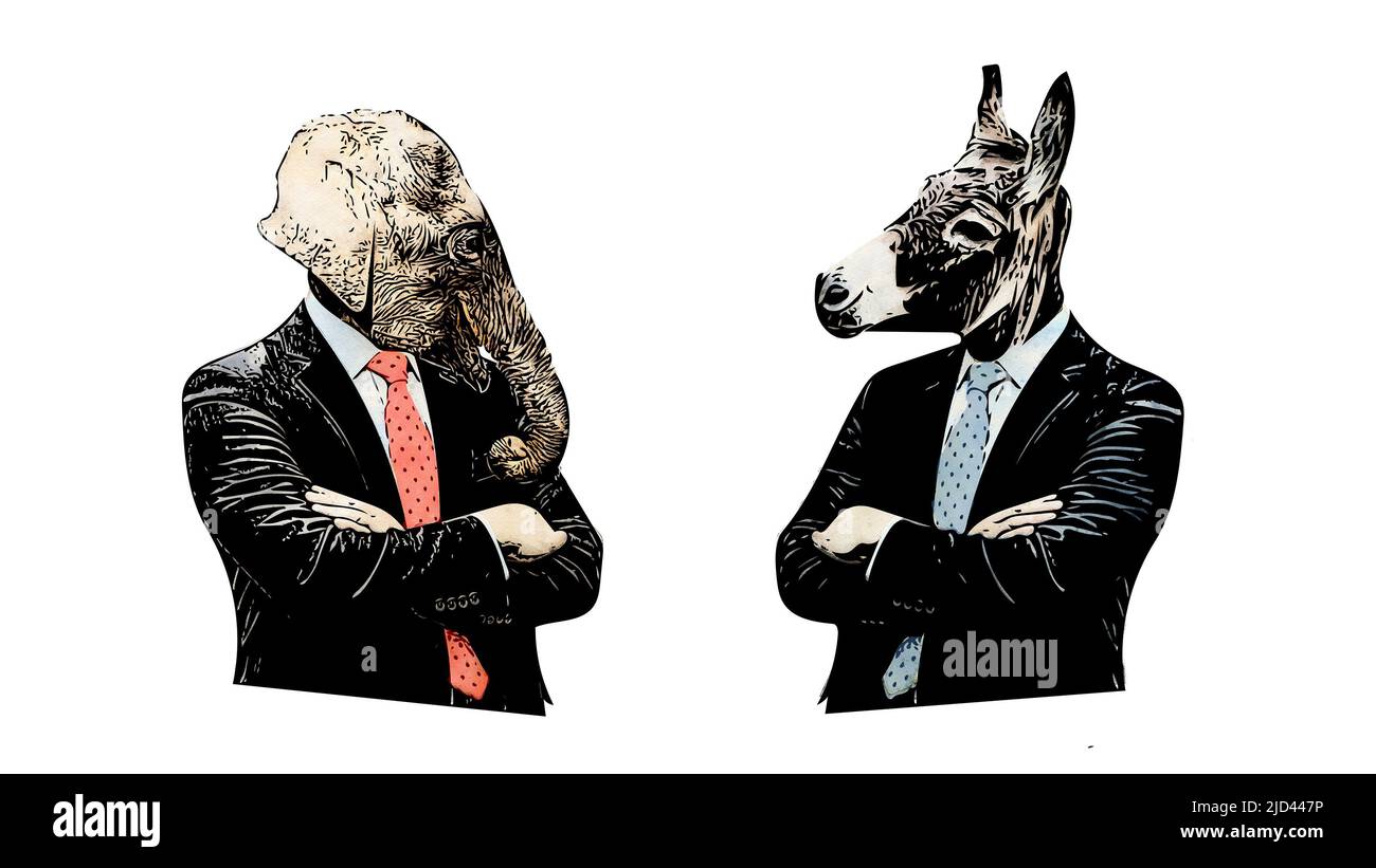 Illustrazione cartoon in stile Graffiti di icone politiche americane elefante repubblicano e asino democratico in una posizione di confronto dibattito Foto Stock