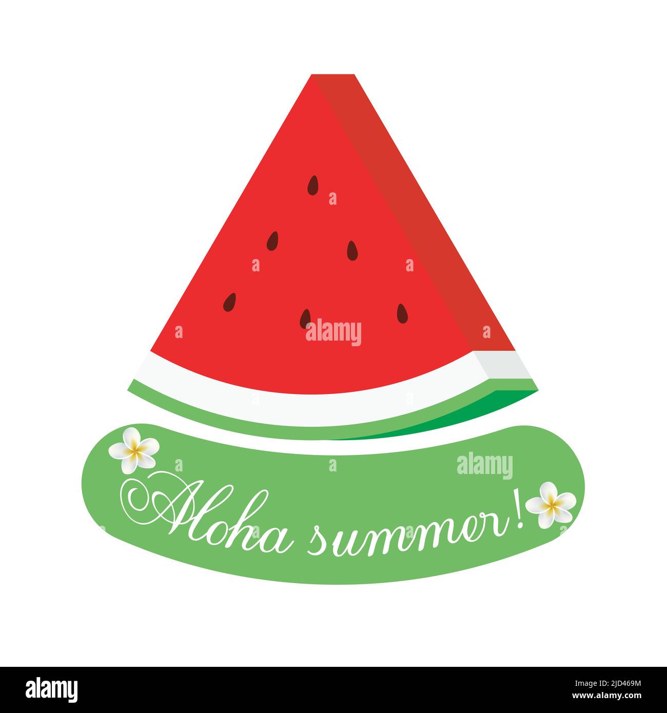 Aloha estate con un pezzo di cocomero rosso e fiori di porcellana bianca Illustrazione Vettoriale