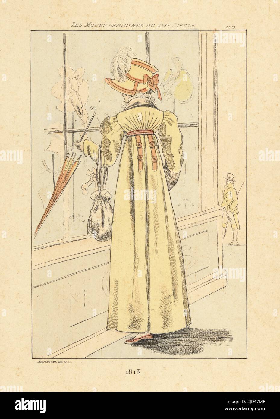 Donna alla moda vetrata-shopping per i bonnets fuori da un mulino, Parigi, 1813. Indossa un cappuccio, un abito a vita alta con maniche piene, reggendo un ombrellone e una borsa o un ridicolo con coulisse. Incisione di Henri Boutet di Les Modes Feminines du XIXeme Siecle (Femmines del 19th secolo), Ernest Flammarion, Parigi, 1902. Boutet (1851-1919) è stato un . Foto Stock