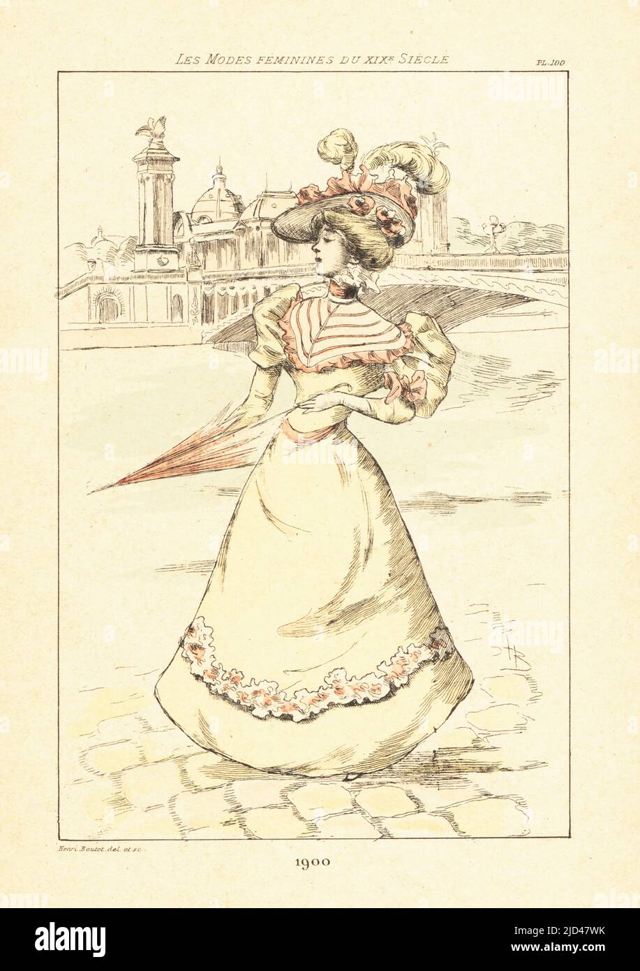 Donna alla moda che promenade sulla Senna di fronte al Pont Alexandre III, Parigi, 1900. Il ponte ornato in stile Beaux Arts con sculture di Emmanuel Fremiet. Sullo sfondo, la cupola di Les Invalides. Incisione di Henri Boutet di Les Modes Feminines du XIXeme Siecle (Femmines del 19th secolo), Ernest Flammarion, Parigi, 1902. Boutet (1851-1919) è stato un . Foto Stock