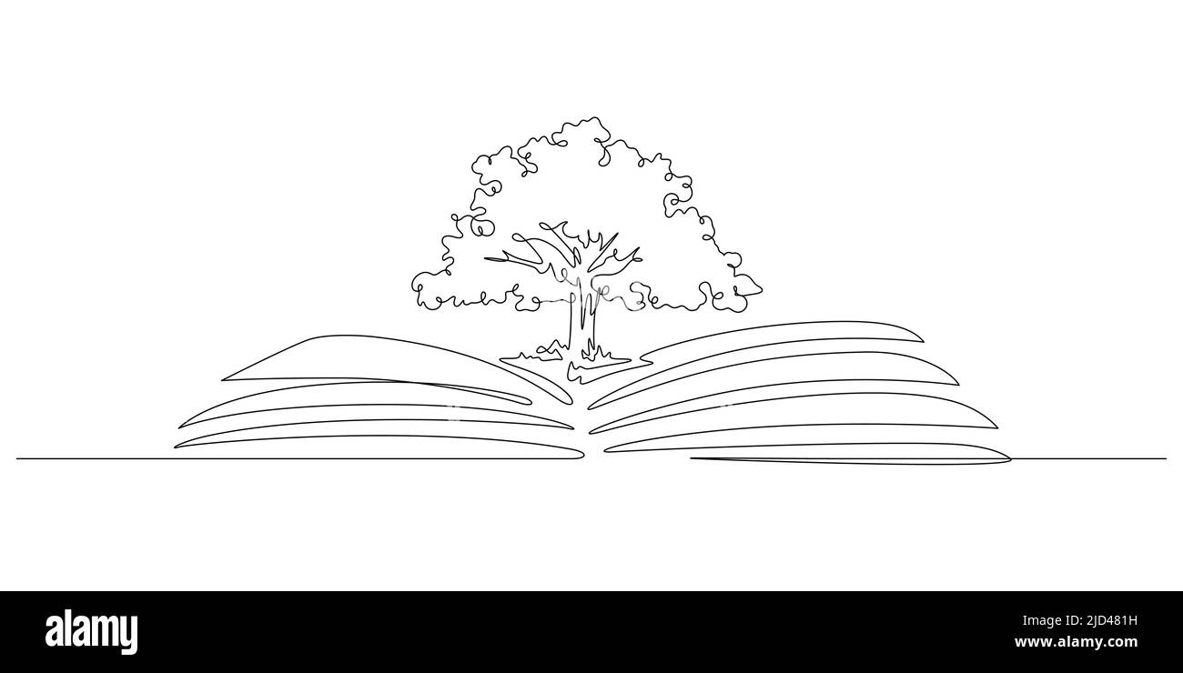 Un disegno di linea dell'albero di conoscenza del libro per la creatività concettuale. Illustrazione vettoriale a linee continue Illustrazione Vettoriale