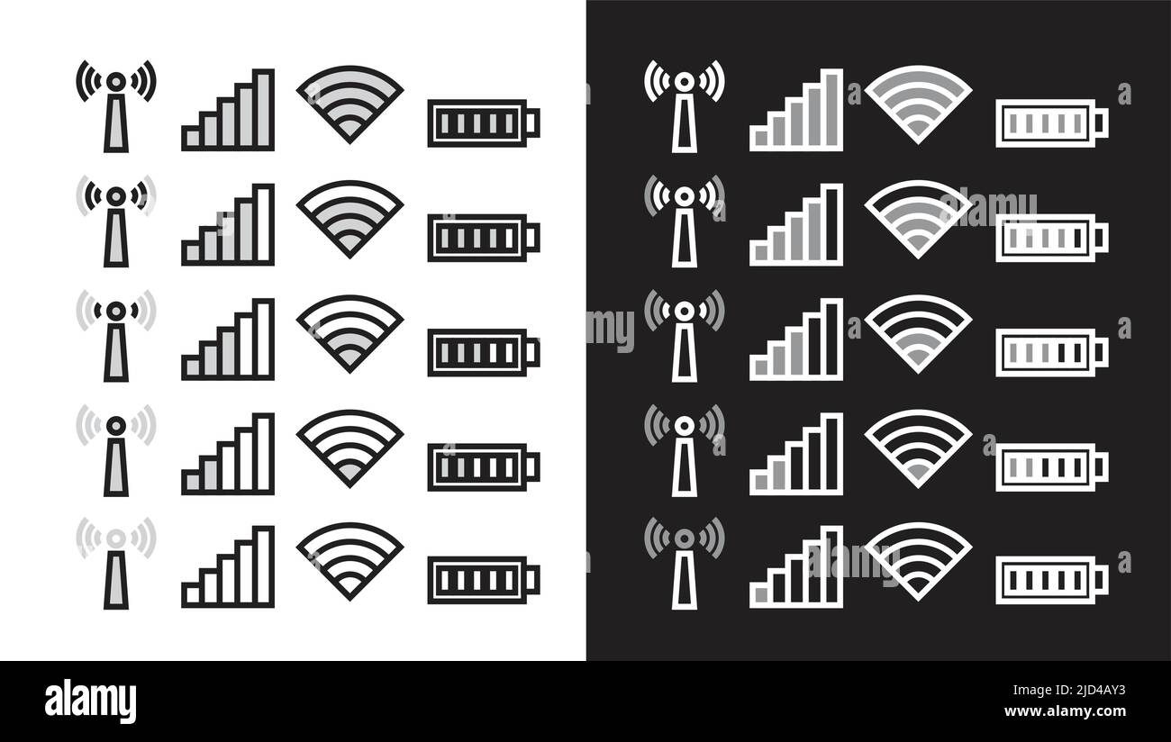 Icone del telefono cellulare del livello della batteria della rete WiFi impostate su sfondo bianco e nero. Illustrazione Vettoriale