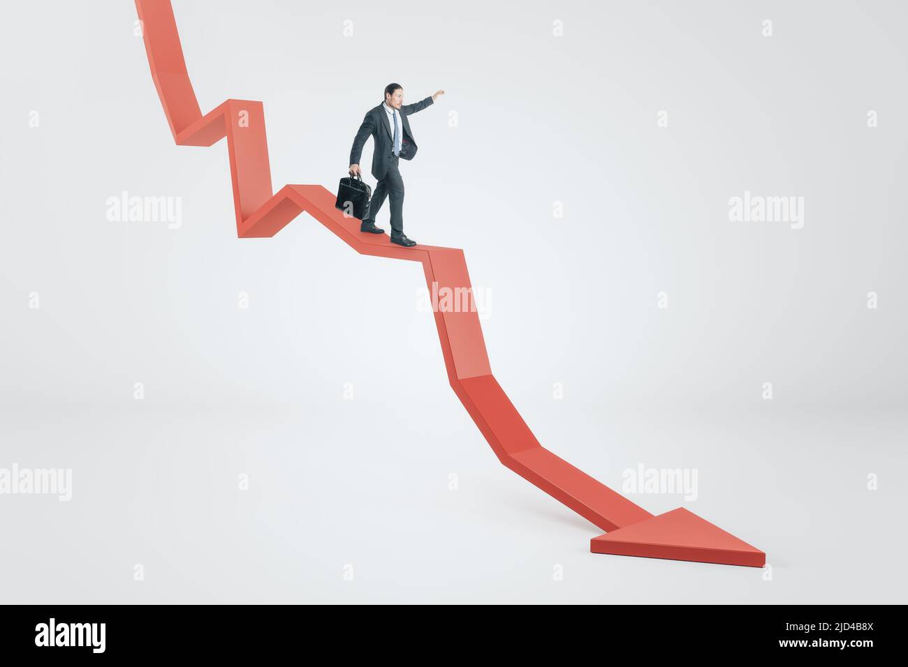 Concetto di gestione delle crisi con il responsabile delle crisi che cerca di mantenere l'equilibrio sulla freccia rossa scendendo su sfondo di luce astratto Foto Stock