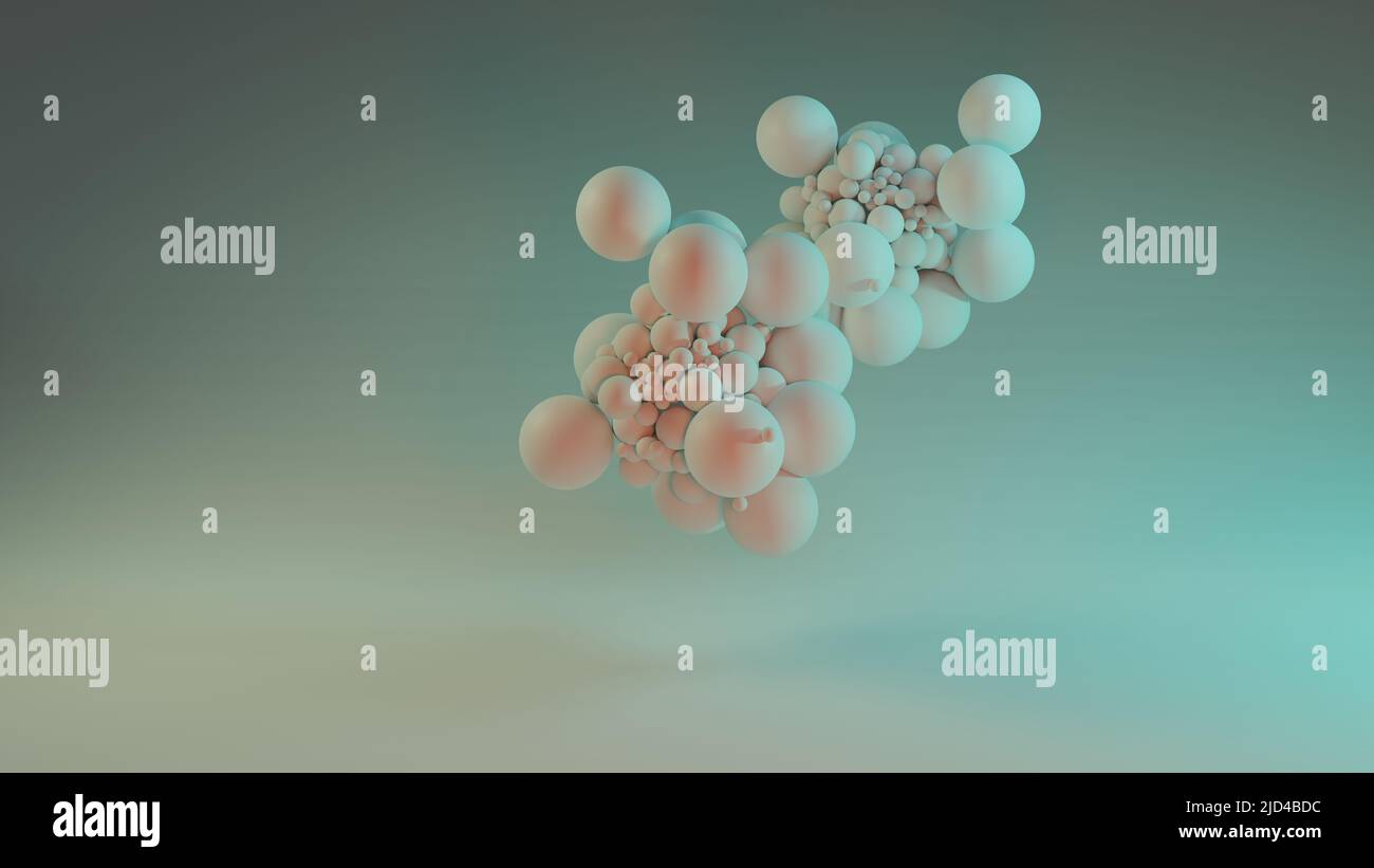 3D illustrazione. Struttura tubolare astratta artistica. Immagine con luce e colori. Palloncini bianchi galleggianti riempiti di gas Foto Stock