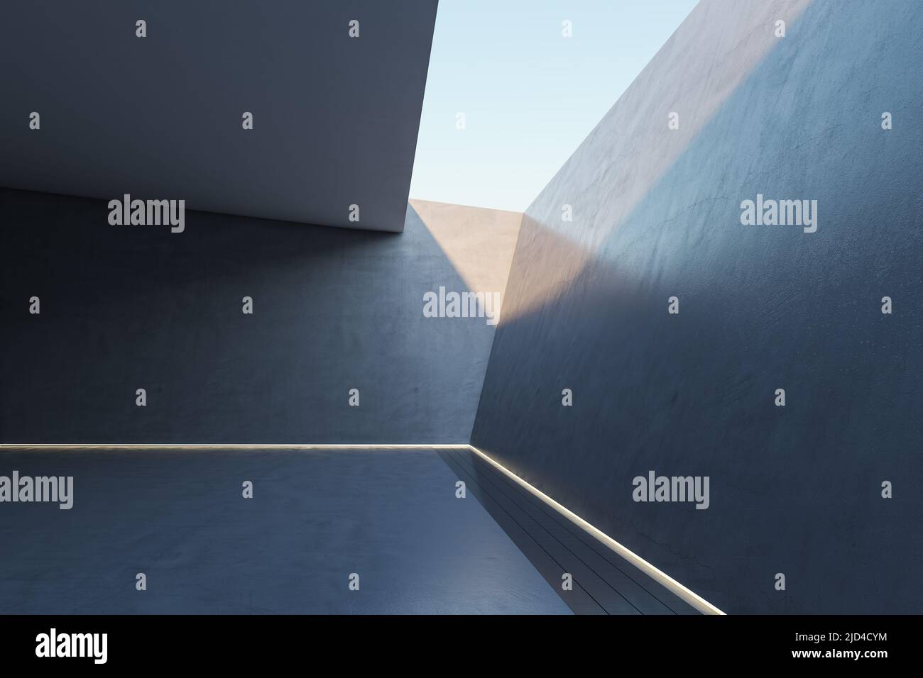 Vista laterale su un'area di cemento dal design futuristico con linea illuminata intorno al perimetro del pavimento e luce solare dall'alto per l'auto o il prodotto aziendale Foto Stock