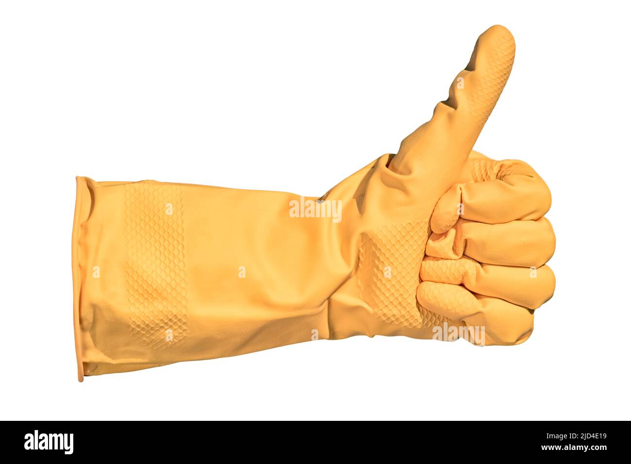 Movimento dei pollici isolato su sfondo bianco. Mano in guanti gialli che mostrano i pollici segno su. Foto Stock