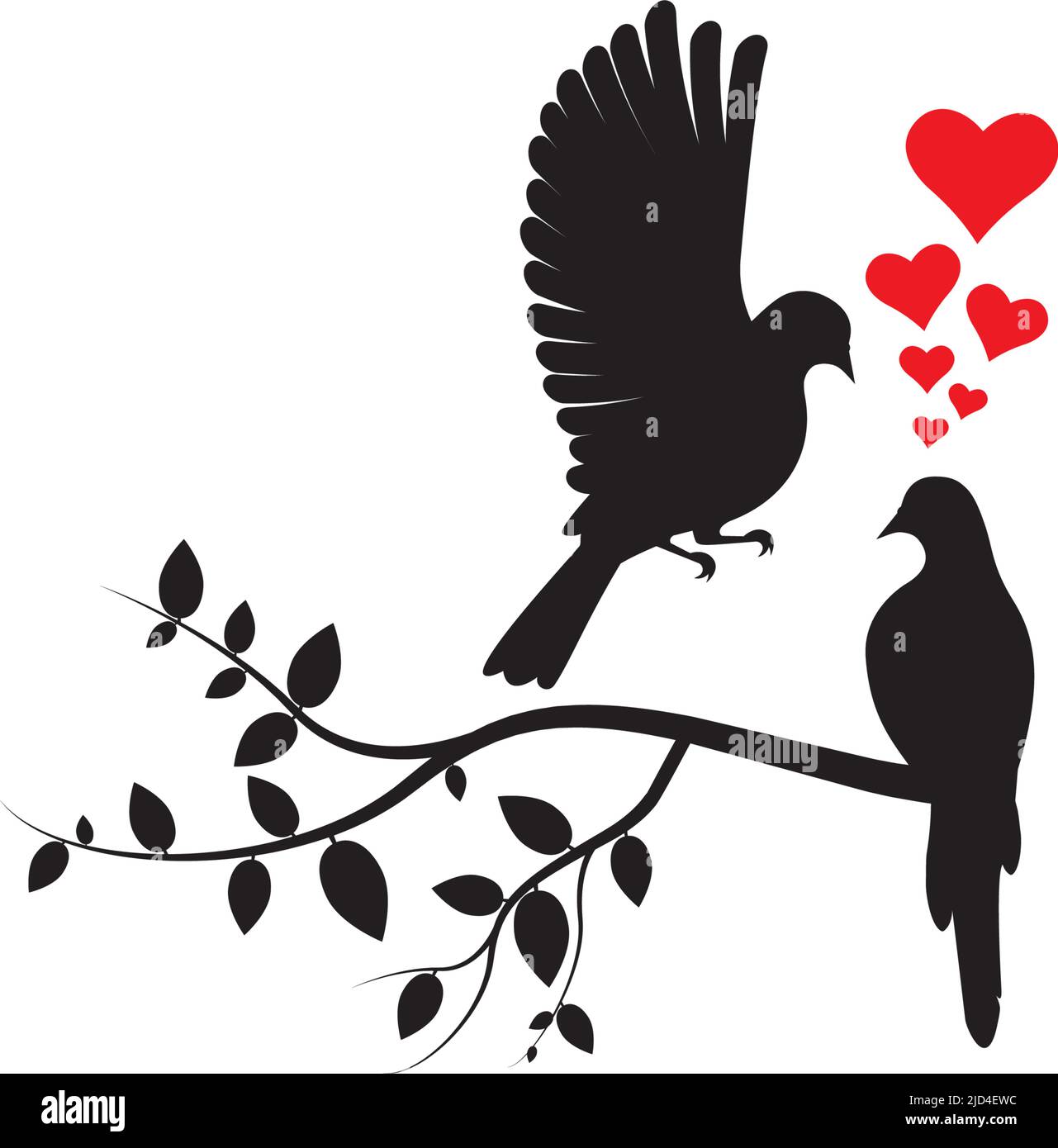 Uccello volante su ramo, coppia di uccelli, vettore. Decalcomanie parete, uccelli su disegno albero. Uccelli innamorati. Design di arte naturale. Decorazioni a parete isolate su bianco Illustrazione Vettoriale