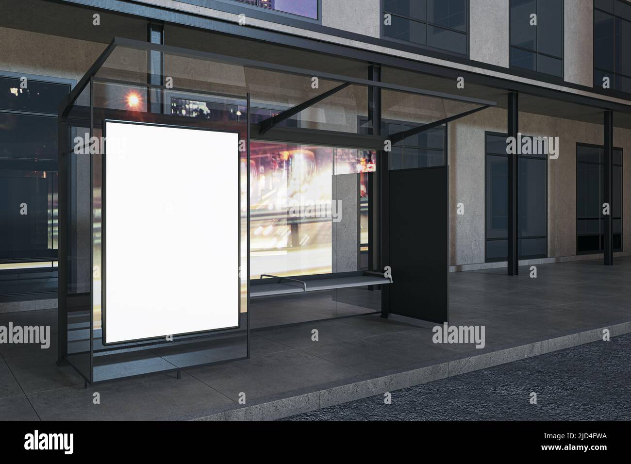 Concetto di pubblicità all'aperto con poster verticale bianco vuoto sulla fermata trasparente dell'autobus cittadino in serata. 3D rendering, mockup Foto Stock