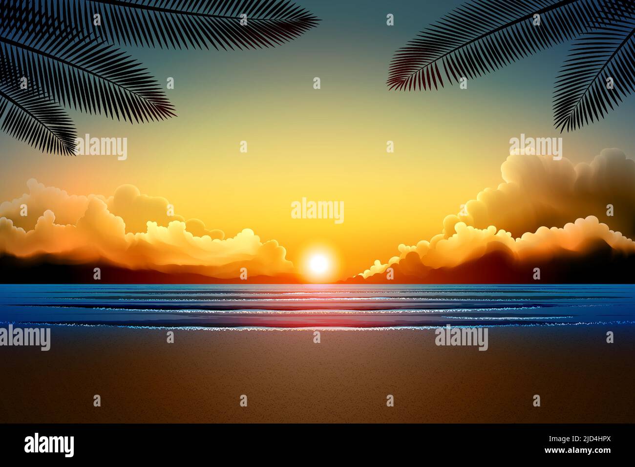 cielo e nuvola colorati con uno sfondo di alba sulla spiaggia e una silhouette di una foglia di cocco Illustrazione Vettoriale