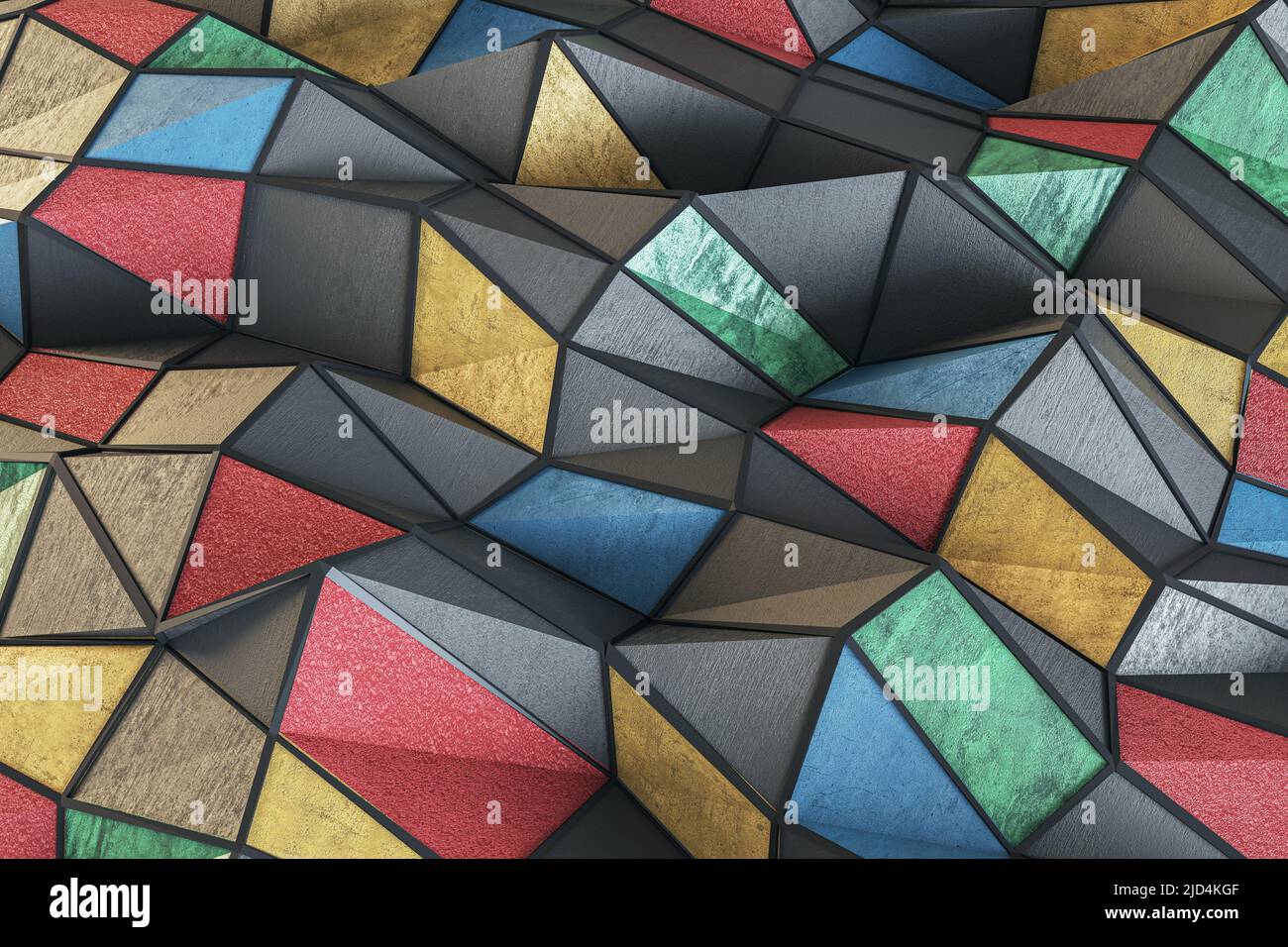 Concetto di arte contemporanea con 3D mosaici costituiti da molti triangoli multicolore come sfondo astratto. 3D rendering Foto Stock