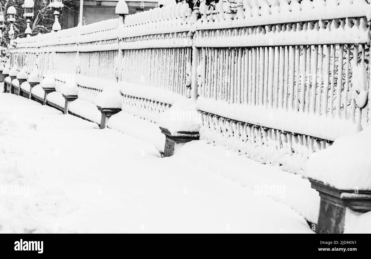 Recinzione metallica con neve. Recinzione metallica in inverno coperta di neve. Ambiente innevato al mattino Foto Stock