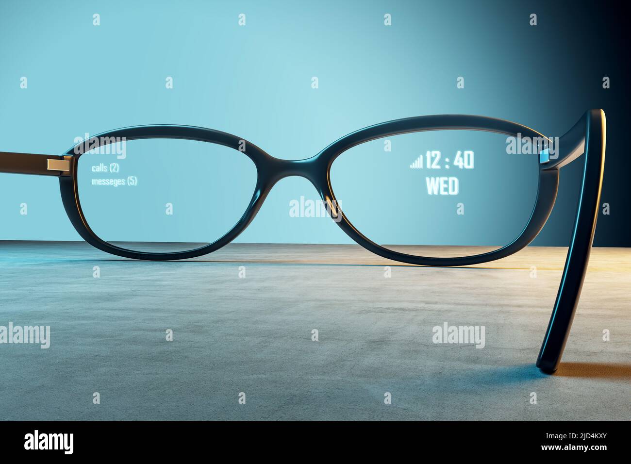 Tecnologia di intelligence e realtà aumentata AR con informazioni digitali  su ora, data e dispositivo mobile su occhiali su superfici in cemento. 3D  rend Foto stock - Alamy
