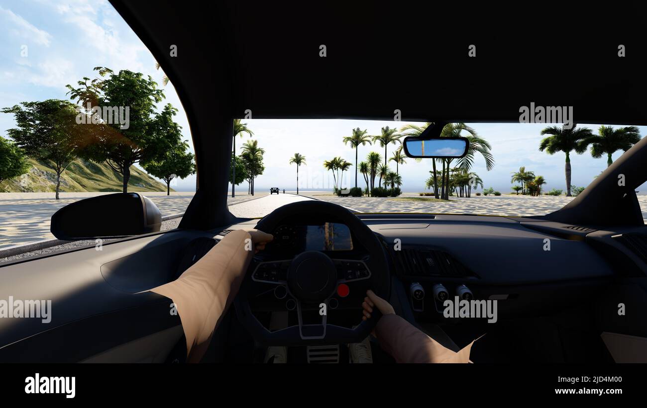 auto che guida sotto la pioggia Foto Stock