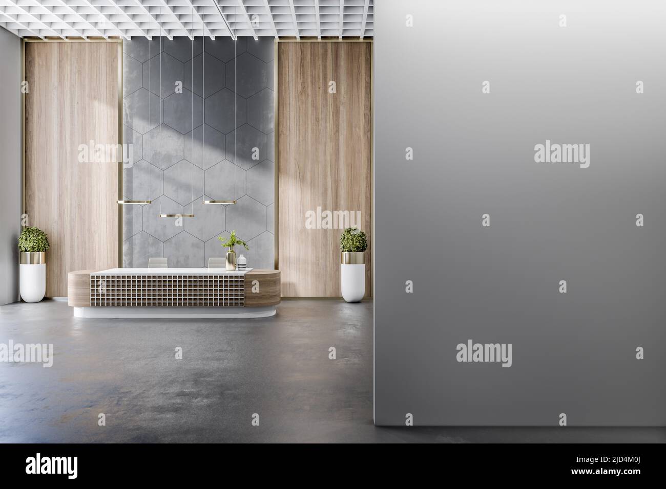 Pareti bianche di colore grigio all'entrata della moderna area della hall del centro affari con tavolo da ricevimento, pareti decorate in legno, pavimento in cemento ed elegante bianco e. Foto Stock