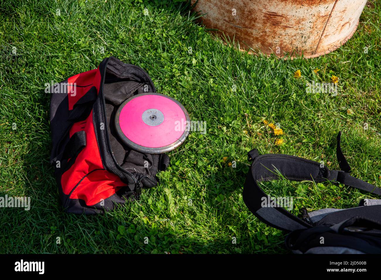 Una pista rosa rotonda da 1 kg e un disco di campo in una borsa per attrezzature atletiche rosse depone al centro dell'erba. Girato alla luce naturale del sole senza persone e poliziotto Foto Stock