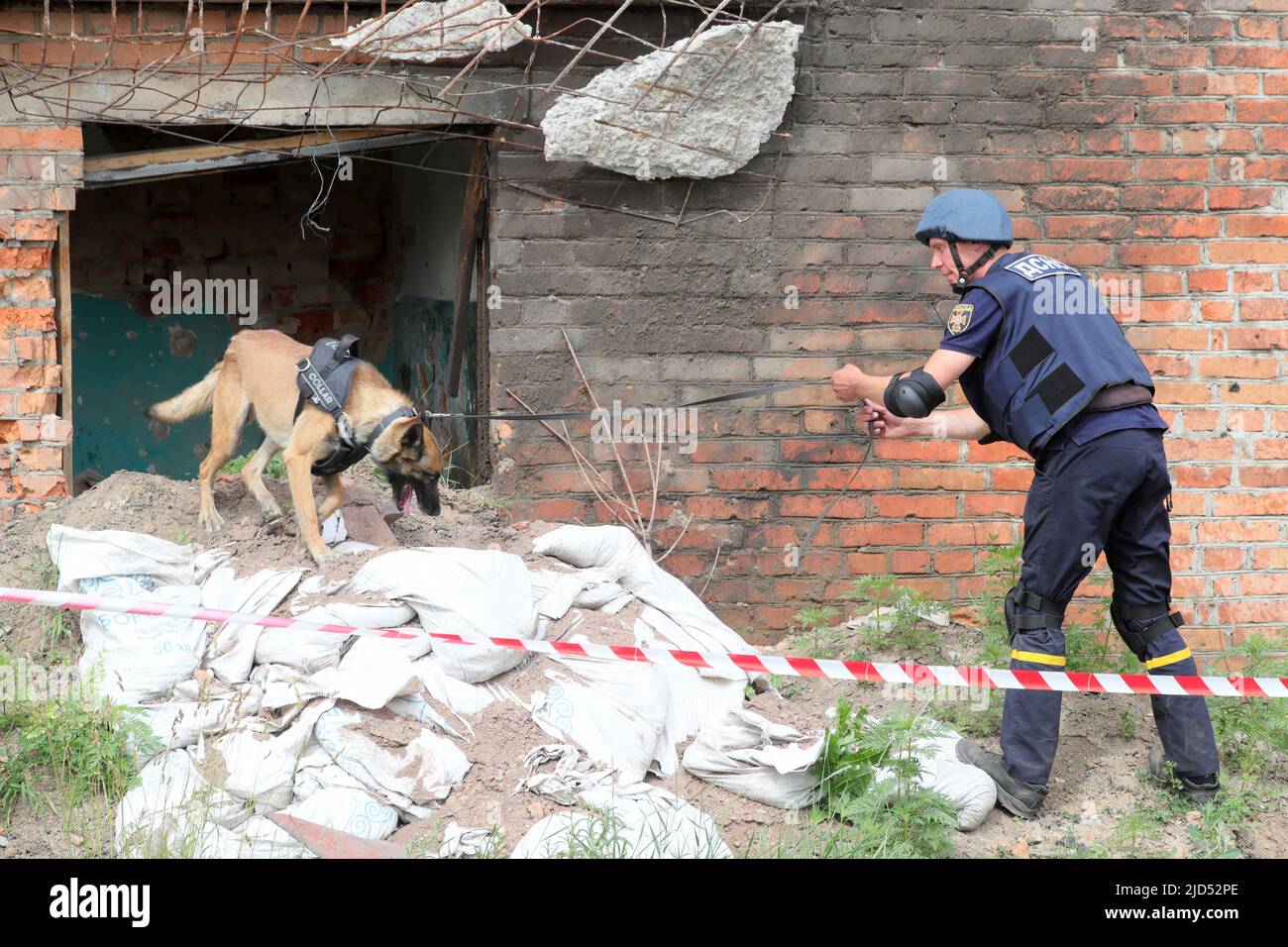 TROSTIANETS, UCRAINA - 17 GIUGNO 2022 - Un soccorritore ed un cane esplosivo di rivelazione esaminano i locali di una pianta del mattone dove lotti delle munizioni e dell'oth Foto Stock