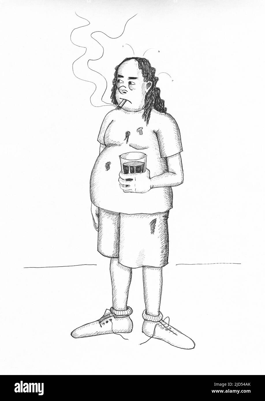 Uomo sporco che fuma un bicchiere di vino. Illustrazione. Foto Stock