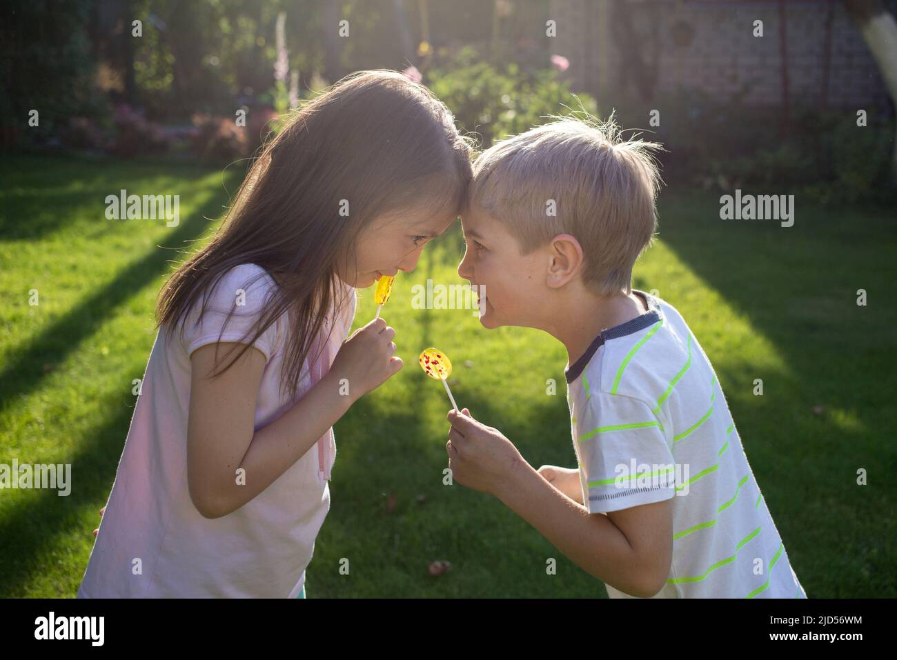 ragazzo e una ragazza di 6-7 anni con dolci caramelle su un bastone si divertono nella retroilluminazione del tramonto sole in giardino. gli amici giocano nel verde soleggiato par Foto Stock