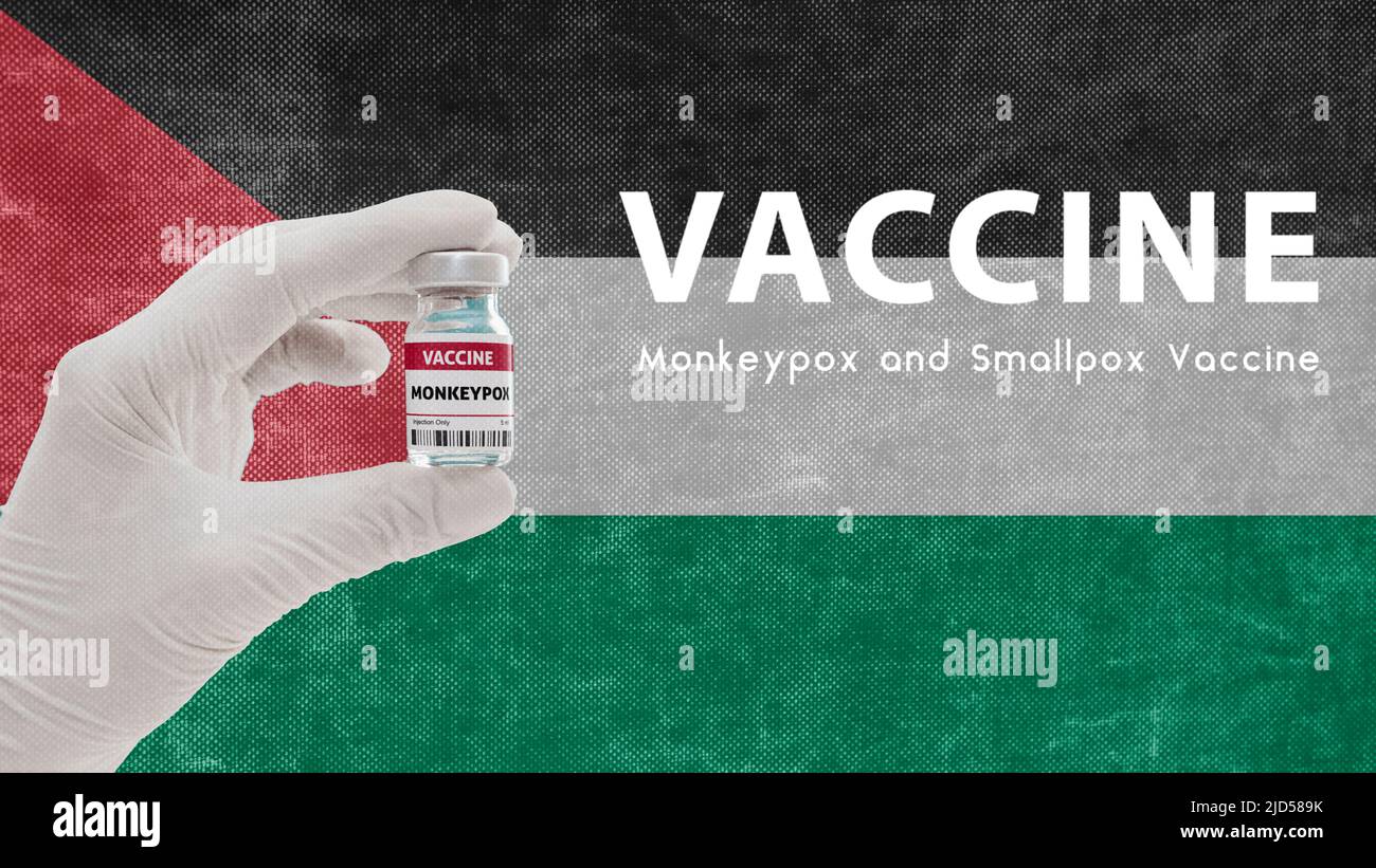 Vaccino Monkeypox e Smallpox, virus della pandemia di scimmipox, vaccinazione in Palestina per Monkeypox immagine ha rumore, granularità e compressione artefatto Foto Stock