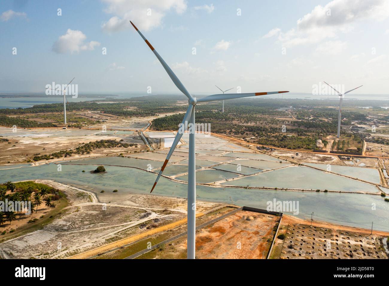 Turbine eoliche che producono energia pulita sostenibile, energia pulita futuro. Impianto eolico. Kalpitiya, Sri Lanka. Foto Stock