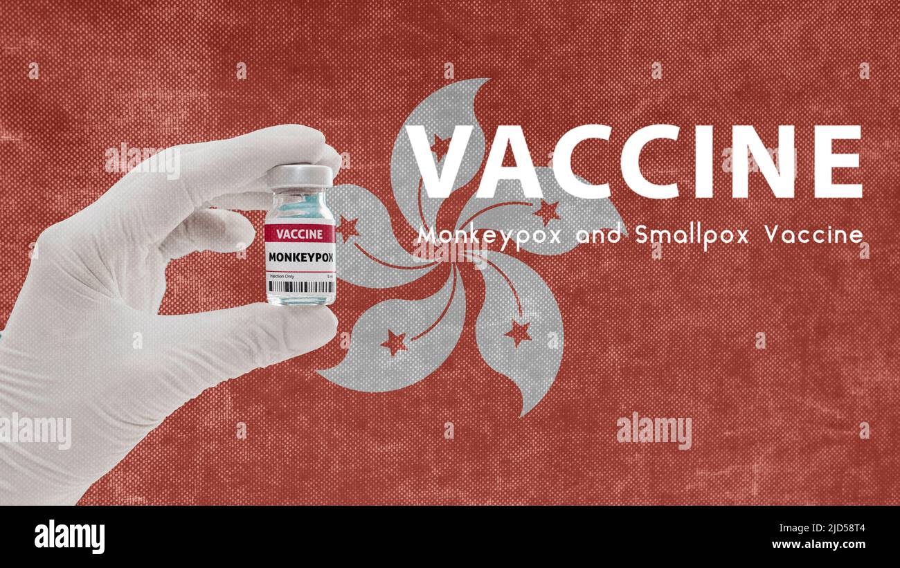 Vaccino Monkeypox e Smallpox, virus della pandemia di scimmipox, vaccinazione a Hong Kong per Monkeypox immagine ha rumore, granularità e compressione artefatto Foto Stock
