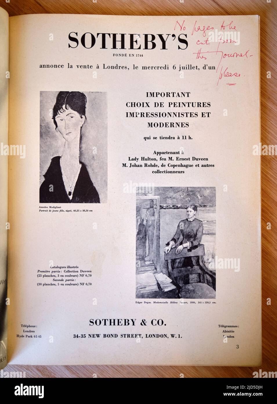 Annunci per Sothebys in una vecchia rivista francese l'Oeil Art del 1950s Foto Stock
