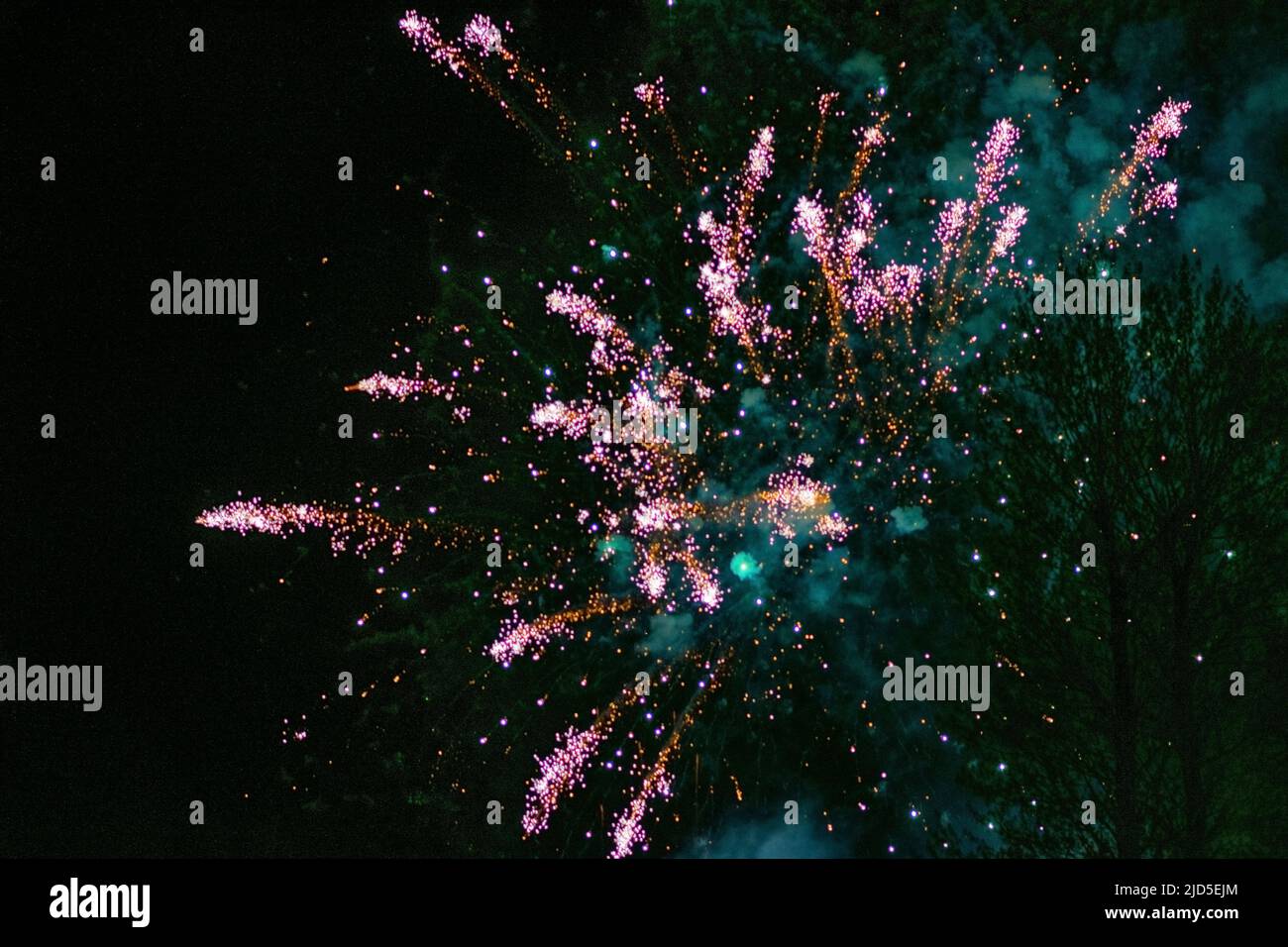 Splendidi fuochi d'artificio di colore rosa, con una foschia bluastra. Foto di alta qualità Foto Stock