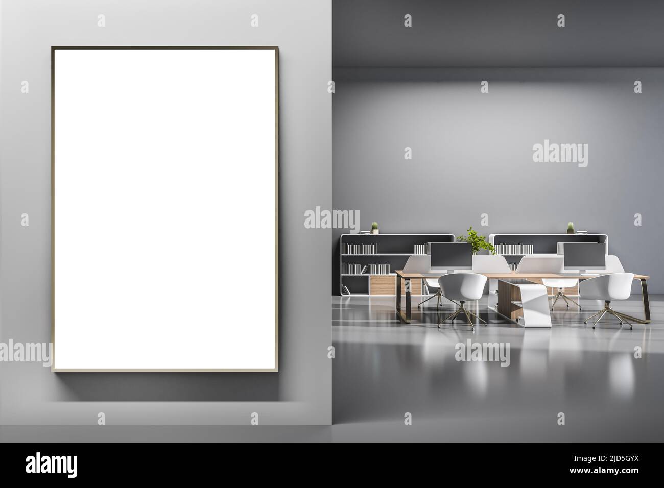 Poster bianco vuoto su pareti grigie in un elegante ufficio con design moderno degli interni, mobili bianchi e in legno su pavimento in cemento. 3D rendering, simulazione Foto Stock