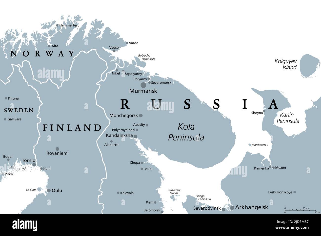 Murmansk Oblast, Penisola di Kola, mappa politica grigia. Soggetto federale della Russia, parte della regione della Lapponia, confinante con la Norvegia e la Finlandia. Foto Stock